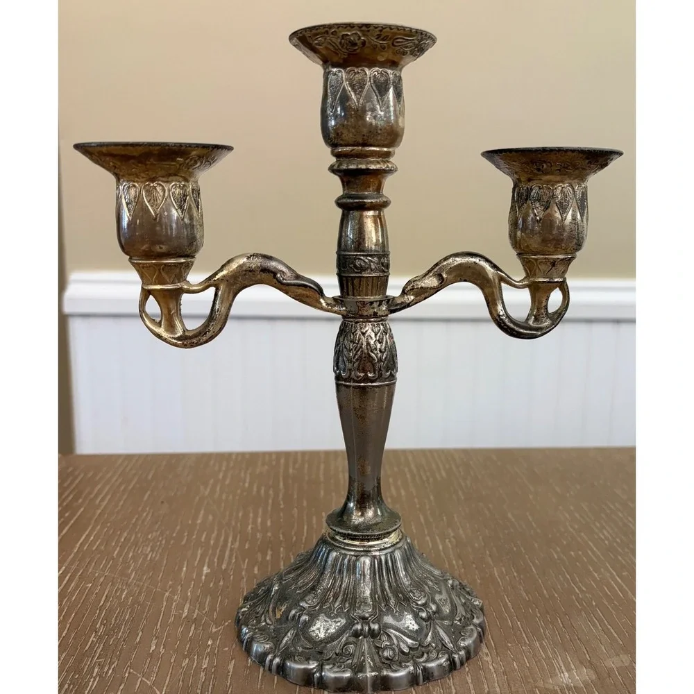 Vintage Silver Tone 3 Arm Candelabra Ornate Floral Candle Holder 9 Inch Tall